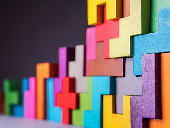Colourful interlocking Tetris wooden blocks 